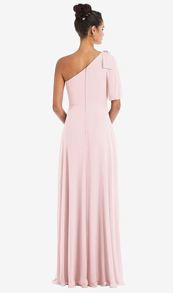 Back View - Ballet Pink Bow One-Shoulder Flounce Sleeve Maxi Dress