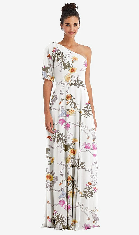 Front View - Butterfly Botanica Ivory Bow One-Shoulder Flounce Sleeve Maxi Dress