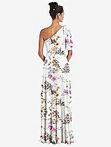 Rear View Thumbnail - Butterfly Botanica Ivory Bow One-Shoulder Flounce Sleeve Maxi Dress
