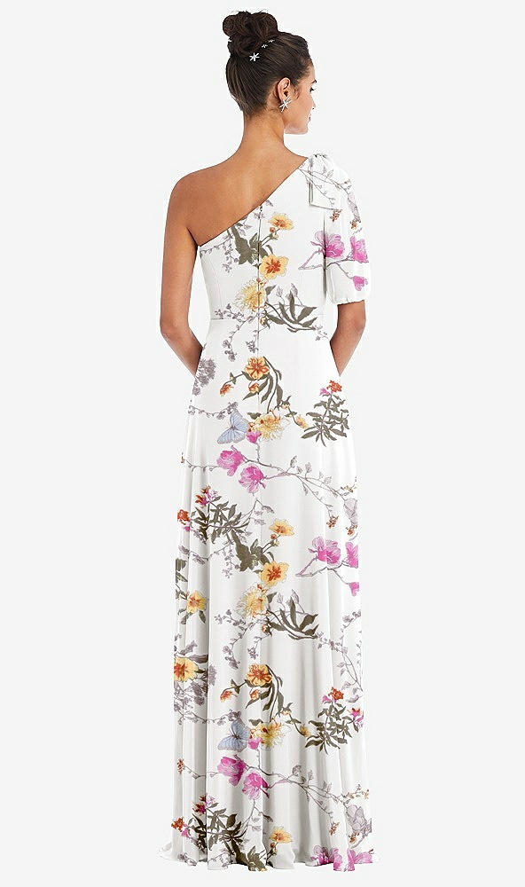 Back View - Butterfly Botanica Ivory Bow One-Shoulder Flounce Sleeve Maxi Dress