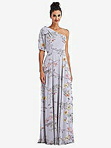 Front View Thumbnail - Butterfly Botanica Silver Dove Bow One-Shoulder Flounce Sleeve Maxi Dress