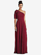 Front View Thumbnail - Burgundy Bow One-Shoulder Flounce Sleeve Maxi Dress
