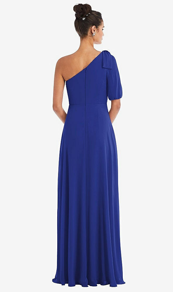 Back View - Cobalt Blue Bow One-Shoulder Flounce Sleeve Maxi Dress