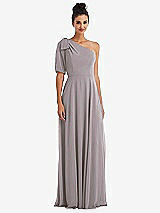 Front View Thumbnail - Cashmere Gray Bow One-Shoulder Flounce Sleeve Maxi Dress