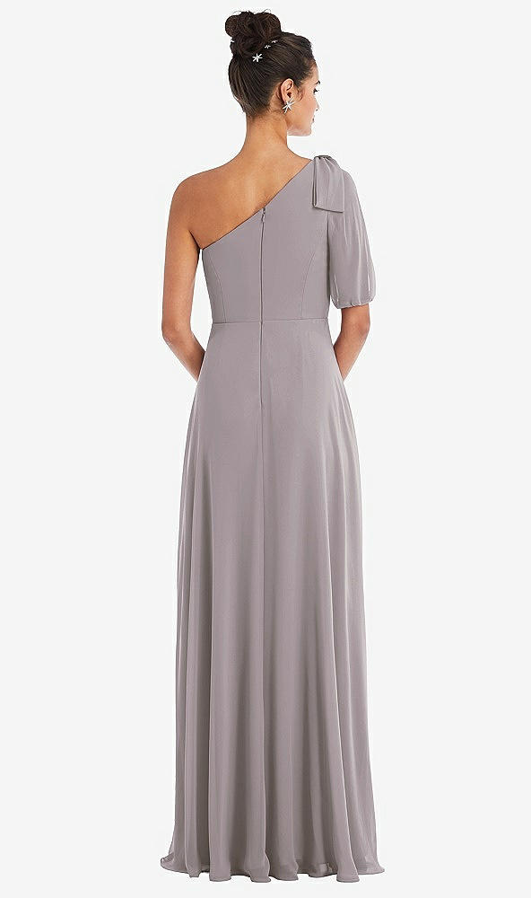 Back View - Cashmere Gray Bow One-Shoulder Flounce Sleeve Maxi Dress