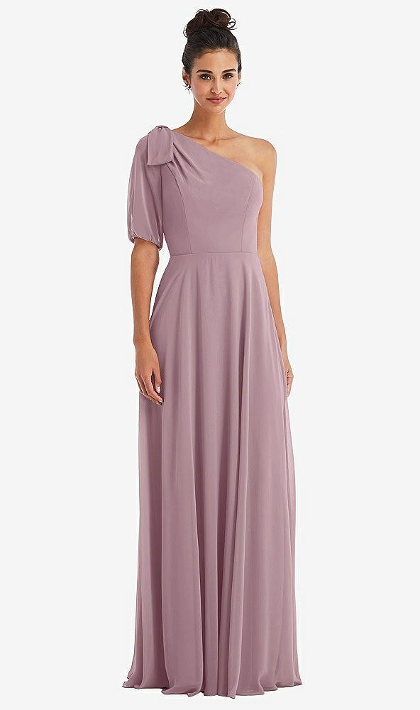 Front View - Dusty Rose Bow One-Shoulder Flounce Sleeve Maxi Dress