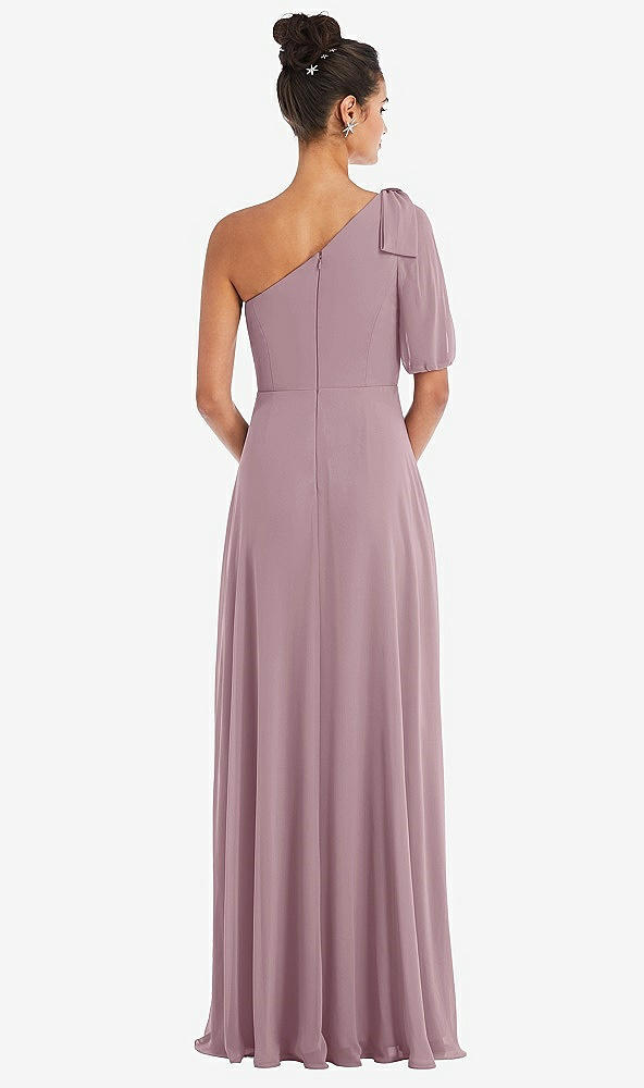 Back View - Dusty Rose Bow One-Shoulder Flounce Sleeve Maxi Dress