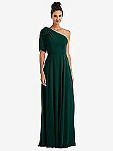 Front View Thumbnail - Evergreen Bow One-Shoulder Flounce Sleeve Maxi Dress