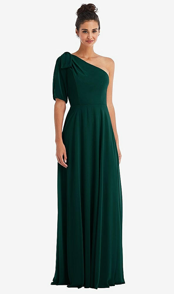 Front View - Evergreen Bow One-Shoulder Flounce Sleeve Maxi Dress