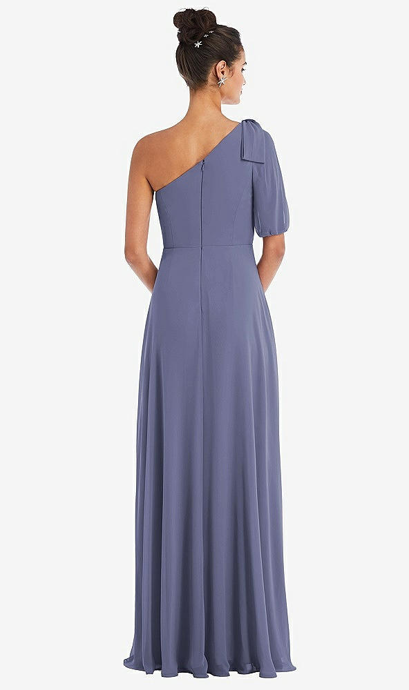 Back View - French Blue Bow One-Shoulder Flounce Sleeve Maxi Dress