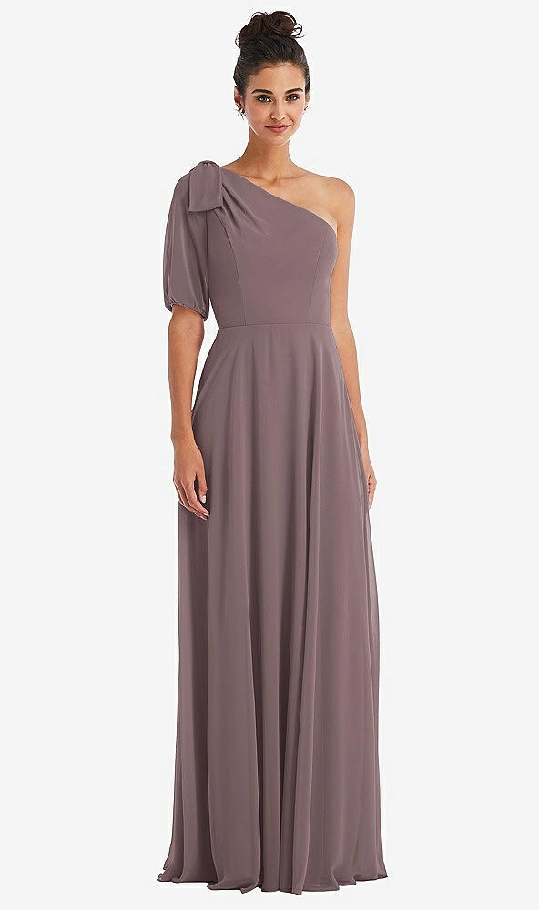 Front View - French Truffle Bow One-Shoulder Flounce Sleeve Maxi Dress
