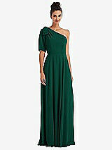 Front View Thumbnail - Hunter Green Bow One-Shoulder Flounce Sleeve Maxi Dress