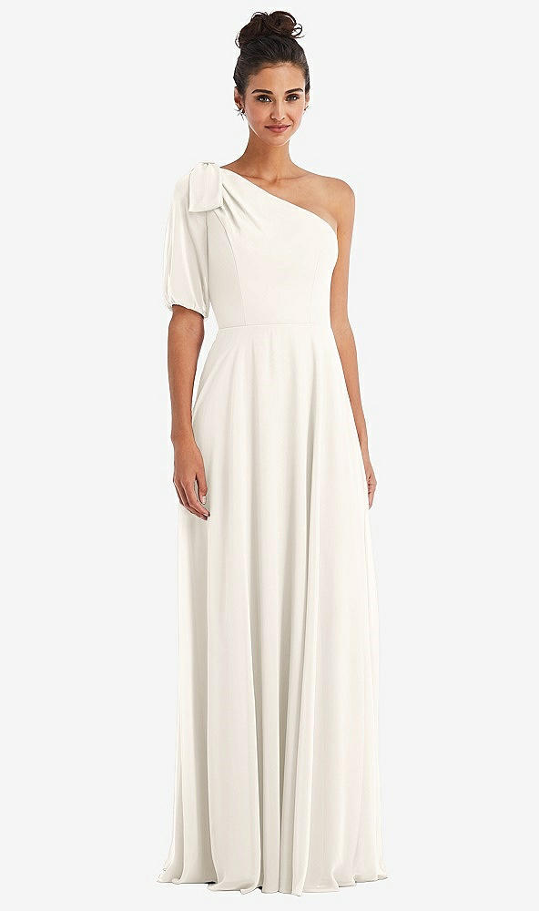 Front View - Ivory Bow One-Shoulder Flounce Sleeve Maxi Dress