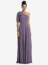 Front View Thumbnail - Lavender Bow One-Shoulder Flounce Sleeve Maxi Dress