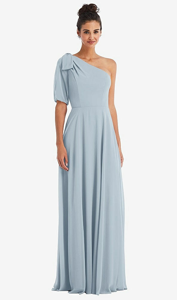 Front View - Mist Bow One-Shoulder Flounce Sleeve Maxi Dress