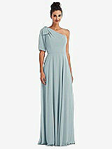 Front View Thumbnail - Morning Sky Bow One-Shoulder Flounce Sleeve Maxi Dress