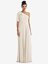 Front View Thumbnail - Oat Bow One-Shoulder Flounce Sleeve Maxi Dress