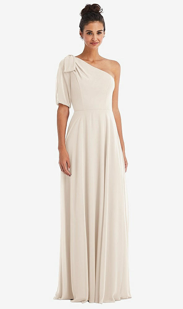 Front View - Oat Bow One-Shoulder Flounce Sleeve Maxi Dress