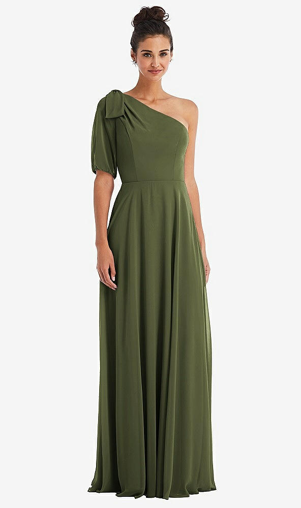 Front View - Olive Green Bow One-Shoulder Flounce Sleeve Maxi Dress