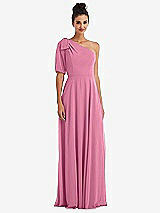Front View Thumbnail - Orchid Pink Bow One-Shoulder Flounce Sleeve Maxi Dress