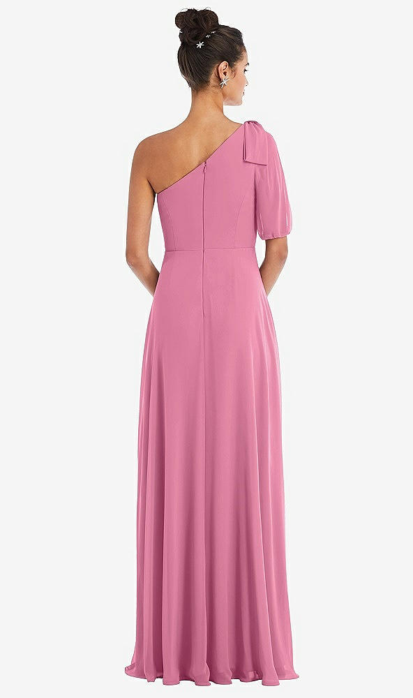 Back View - Orchid Pink Bow One-Shoulder Flounce Sleeve Maxi Dress