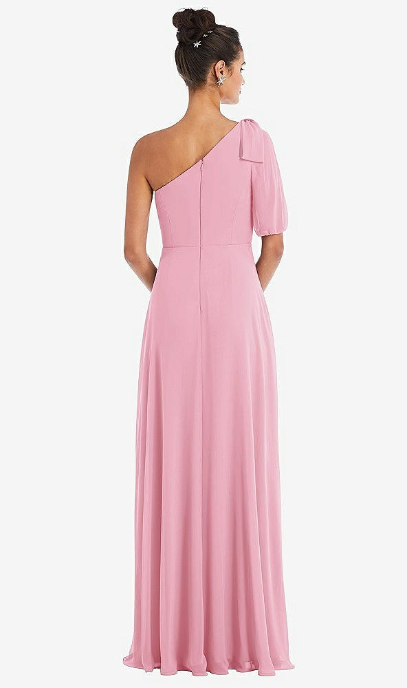 Back View - Peony Pink Bow One-Shoulder Flounce Sleeve Maxi Dress