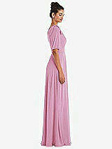 Side View Thumbnail - Powder Pink Bow One-Shoulder Flounce Sleeve Maxi Dress