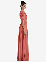 Side View Thumbnail - Coral Pink Bow One-Shoulder Flounce Sleeve Maxi Dress