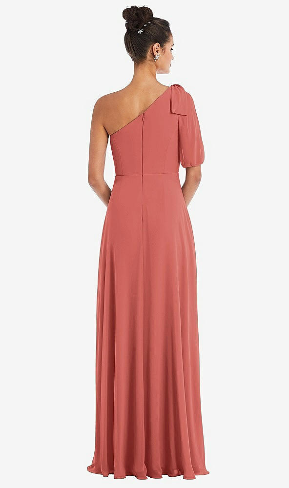 Back View - Coral Pink Bow One-Shoulder Flounce Sleeve Maxi Dress