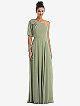 Front View Thumbnail - Sage Bow One-Shoulder Flounce Sleeve Maxi Dress