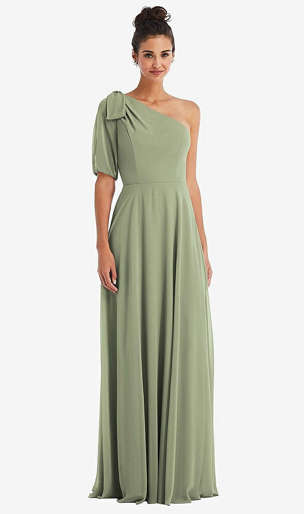 Front View - Sage Bow One-Shoulder Flounce Sleeve Maxi Dress