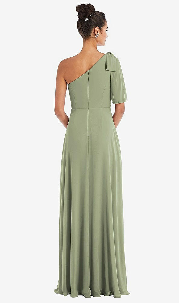 Back View - Sage Bow One-Shoulder Flounce Sleeve Maxi Dress