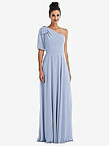 Front View Thumbnail - Sky Blue Bow One-Shoulder Flounce Sleeve Maxi Dress