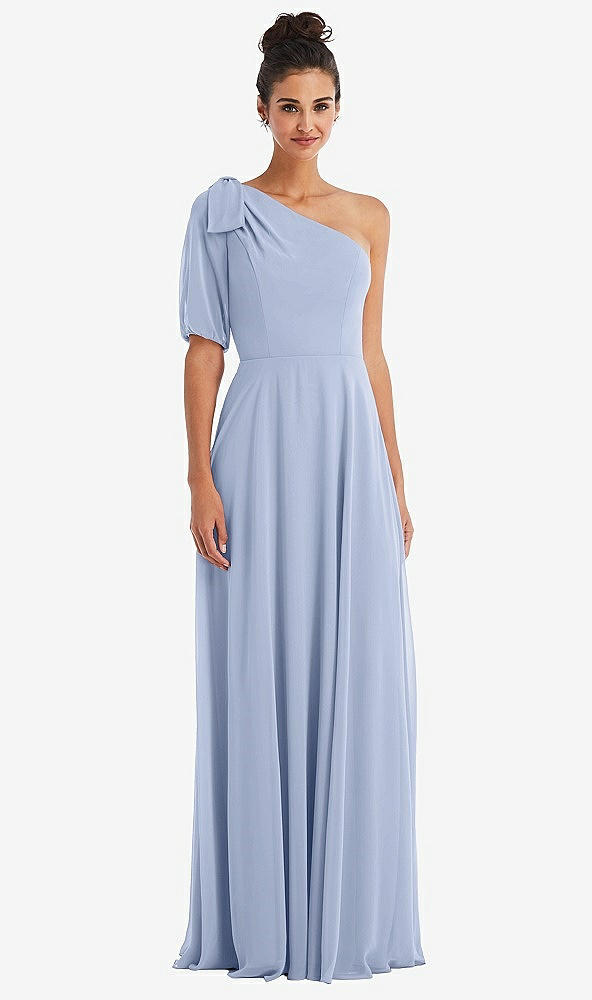 Front View - Sky Blue Bow One-Shoulder Flounce Sleeve Maxi Dress