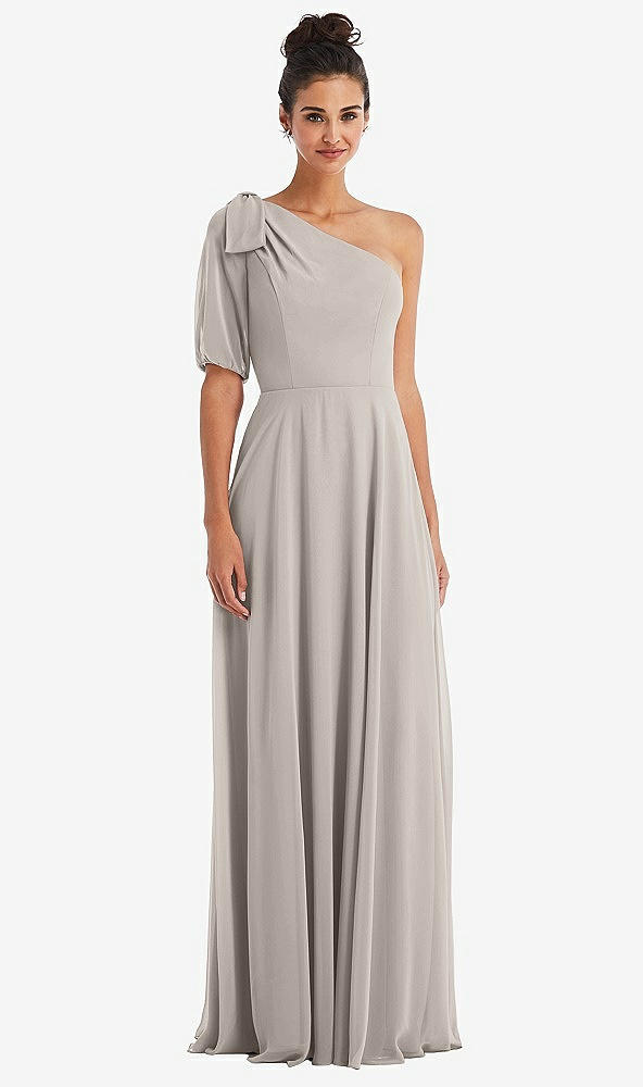 Front View - Taupe Bow One-Shoulder Flounce Sleeve Maxi Dress