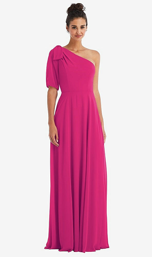Front View - Think Pink Bow One-Shoulder Flounce Sleeve Maxi Dress