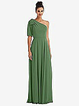 Front View Thumbnail - Vineyard Green Bow One-Shoulder Flounce Sleeve Maxi Dress