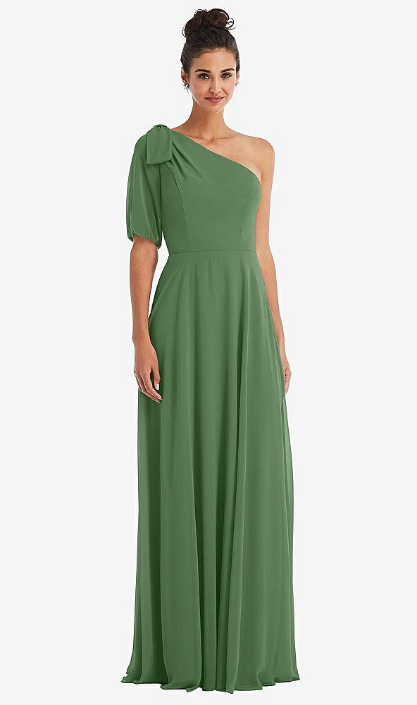 Front View - Vineyard Green Bow One-Shoulder Flounce Sleeve Maxi Dress