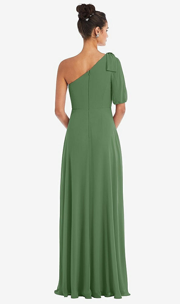 Back View - Vineyard Green Bow One-Shoulder Flounce Sleeve Maxi Dress