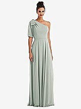 Front View Thumbnail - Willow Green Bow One-Shoulder Flounce Sleeve Maxi Dress