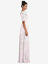 Side View Thumbnail - Watercolor Print Bow One-Shoulder Flounce Sleeve Maxi Dress
