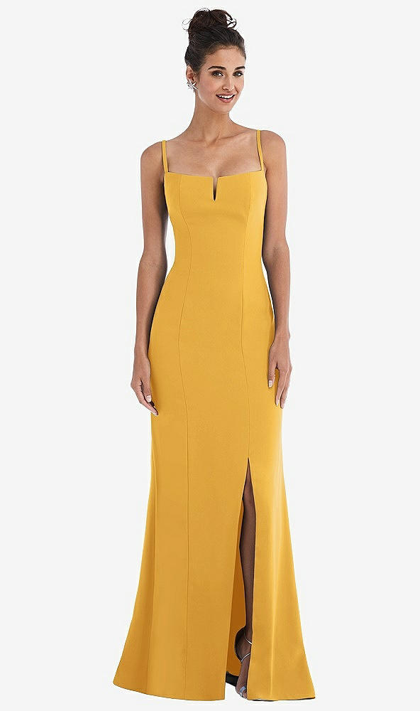 Front View - NYC Yellow Notch Crepe Trumpet Gown with Front Slit