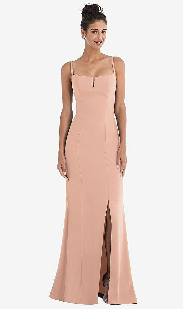 Front View - Pale Peach Notch Crepe Trumpet Gown with Front Slit
