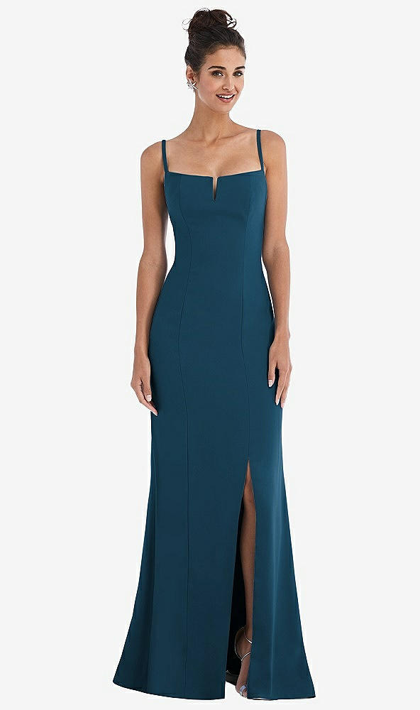 Front View - Atlantic Blue Notch Crepe Trumpet Gown with Front Slit