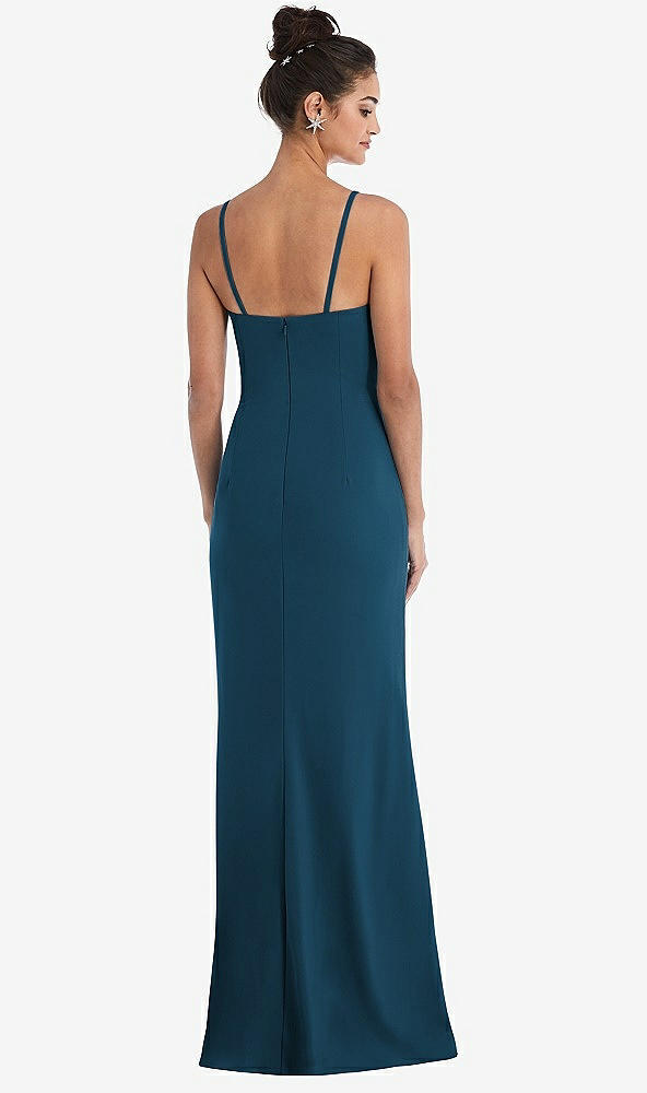 Back View - Atlantic Blue Notch Crepe Trumpet Gown with Front Slit