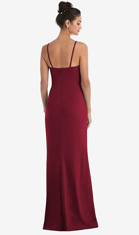 Back View - Burgundy Notch Crepe Trumpet Gown with Front Slit
