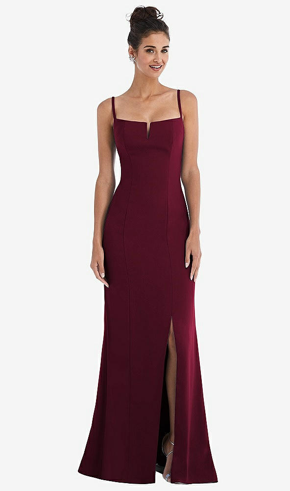 Front View - Cabernet Notch Crepe Trumpet Gown with Front Slit