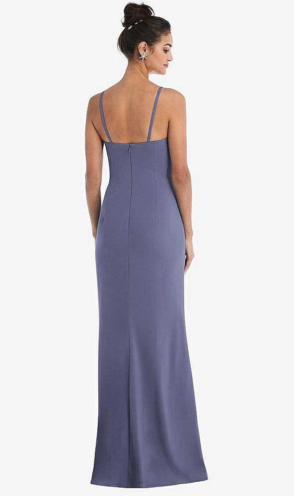 Back View - French Blue Notch Crepe Trumpet Gown with Front Slit
