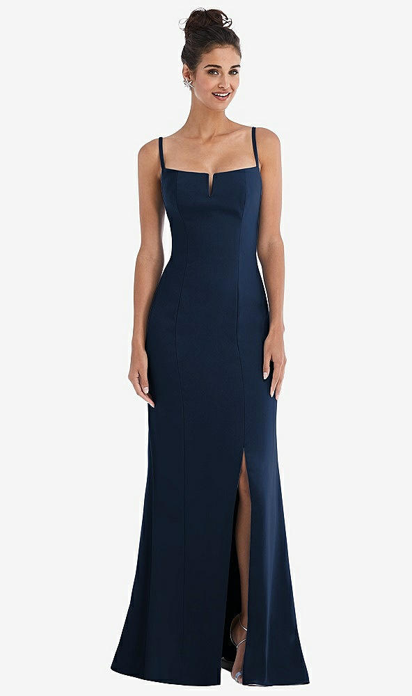 Front View - Midnight Navy Notch Crepe Trumpet Gown with Front Slit