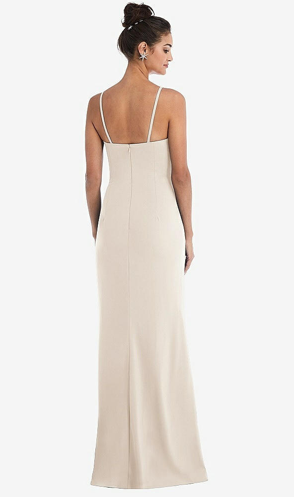 Back View - Oat Notch Crepe Trumpet Gown with Front Slit